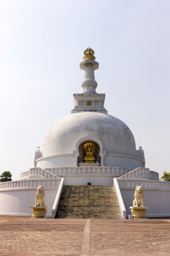 "A photograph of the World Peace Pagoda situated in Vaishali, Patna, Bihar, India. It was built by the Japanese Nichiren Buddhist Sect. A small part of the Buddha's relics found in Vaishali have been enshrined in the World Peace Pagoda."